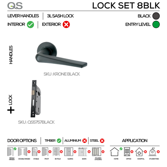 KRONE Complete Key Blk Lockset, Lever Handles, Form, On Round Rose, With Escutcheons, Black, 3 Lever Sash Lock, QS