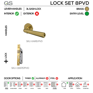 Main product view showing QS Satin Brass Door Lock — solid brass style for patio and sliding doors.
