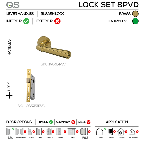 Main product view showing QS Satin Brass Door Lock — solid brass style for patio and sliding doors.