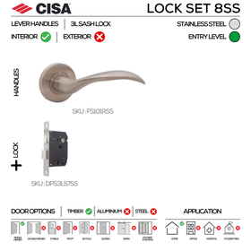 FS101 KEY Complete Lockset 8SS, Lever Handles, Solid, On Round Rose, With Escutcheons, 137mm (l), Stainless Steel, 3L Sash Lock Set, CISA