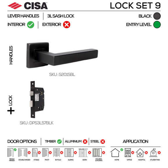 CISA Black Door Lock for patio and sliding doors, main product view with bold black energy, 137mm (l).