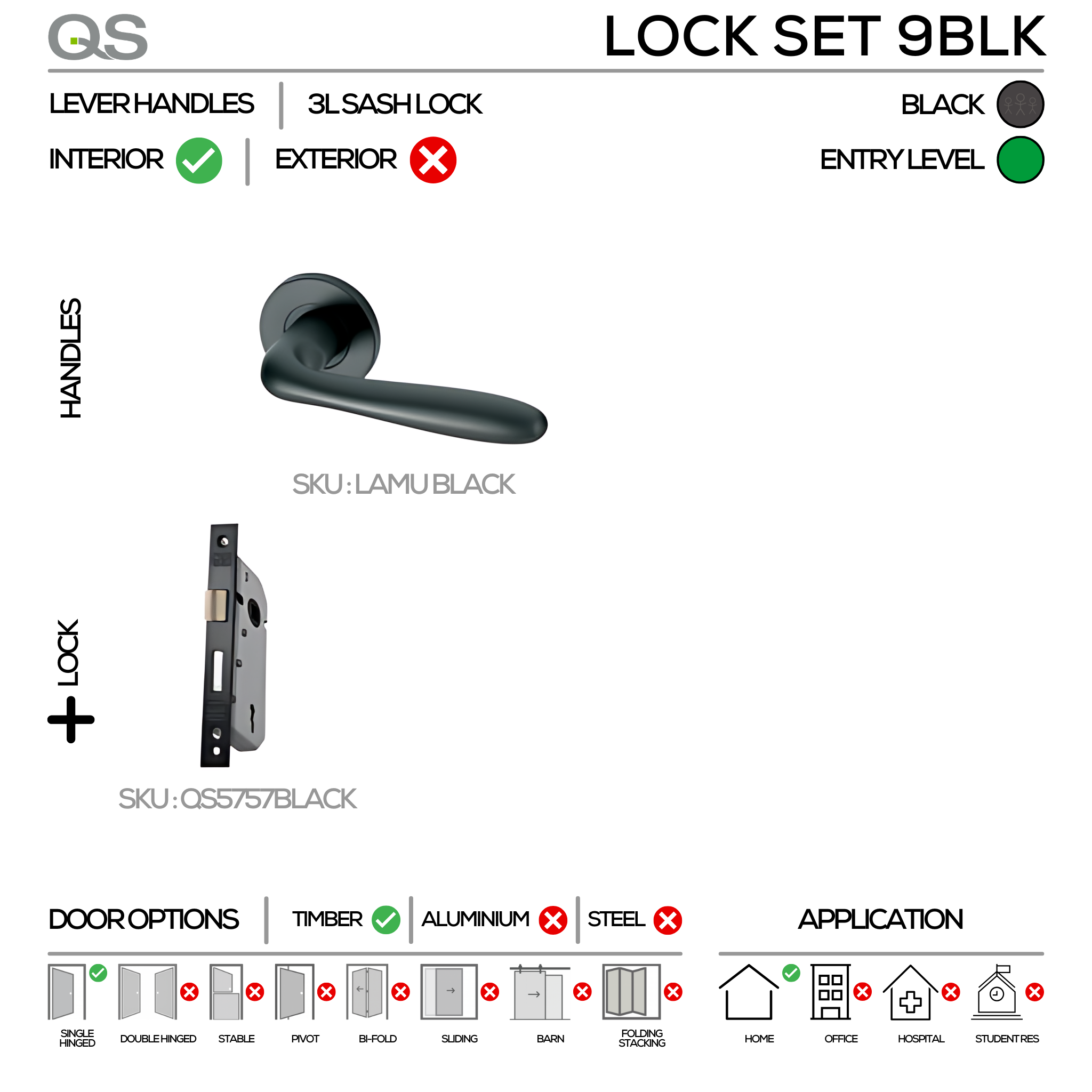 LAMU Complete Key Blk Lockset, Lever Handles, Form, On Round Rose, Wit ...