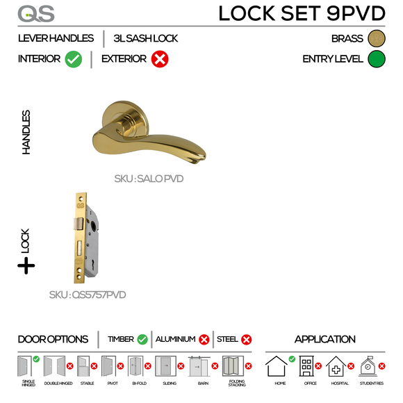 SALO Complete Key PVD Lockset, Lever Handles, Form, On Round Rose, With Escutcheons, Satin Brass, 3 Lever Sash Lock, QS