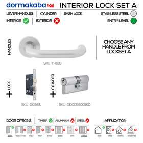TH120 Complete Interior Lockset, Lever Handles, Tubular, On Round Rose, With Escutcheons, 137mm (l), Stainless Steel, Sash Lock & Euro Cylinder Set, DORMAKABA