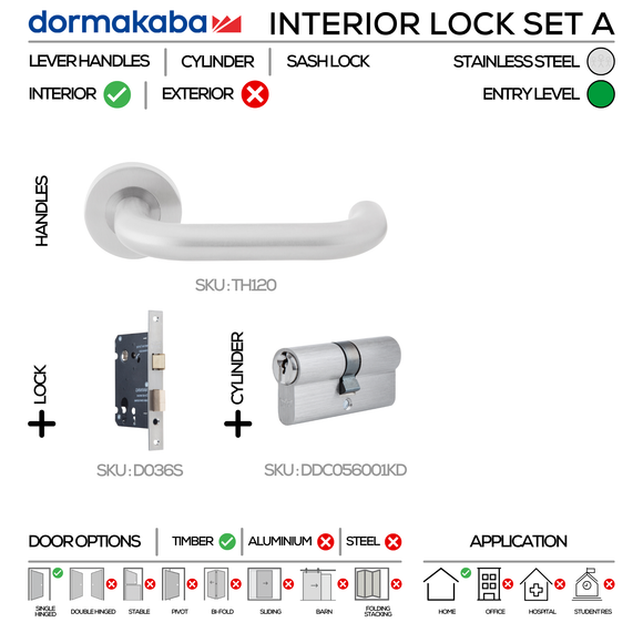 TH120 Complete Interior Lockset A, Lever Handles, Tubular, On Round Rose, With Escutcheons, 137mm (l), Stainless Steel, Sash Lock & Euro Cylinder Set, DORMAKABA