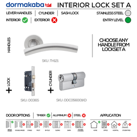 TH121 Complete Interior Lockset, Lever Handles, Tubular, On Round Rose, With Escutcheons, 137mm (l), Stainless Steel, Sash Lock & Euro Cylinder Set, DORMAKABA