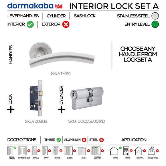 TH121 Complete Interior Lockset, Lever Handles, Tubular, On Round Rose, With Escutcheons, 137mm (l), Stainless Steel, Sash Lock & Euro Cylinder Set, DORMAKABA