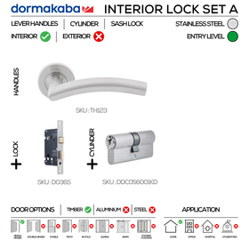 TH123 Complete Interior Lockset A, Lever Handles, Tubular, On Round Rose, With Escutcheons, 137mm (l), Stainless Steel, Sash Lock & Euro Cylinder Set, DORMAKABA