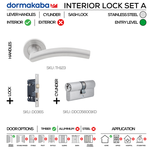 TH123 Complete Interior Lockset A, Lever Handles, Tubular, On Round Rose, With Escutcheons, 137mm (l), Stainless Steel, Sash Lock & Euro Cylinder Set, DORMAKABA