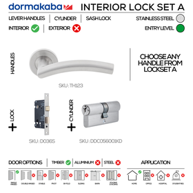 TH123 Complete Interior Lockset, Lever Handles, Tubular, On Round Rose, With Escutcheons, 137mm (l), Stainless Steel, Sash Lock & Euro Cylinder Set, DORMAKABA