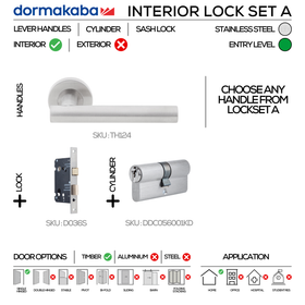 TH124 Complete Interior Lockset, Lever Handles, Tubular, On Round Rose, With Escutcheons, 137mm (l), Stainless Steel, Sash Lock & Euro Cylinder Set, DORMAKABA