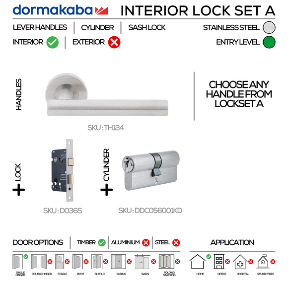 TH124 Complete Interior Lockset, Lever Handles, Tubular, On Round Rose, With Escutcheons, 137mm (l), Stainless Steel, Sash Lock & Euro Cylinder Set, DORMAKABA