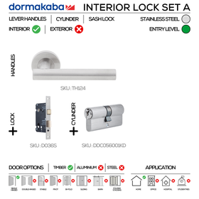 TH124 Complete Interior Lockset A, Lever Handles, Tubular, On Round Rose, With Escutcheons, 137mm (l), Stainless Steel, Sash Lock & Euro Cylinder Set, DORMAKABA