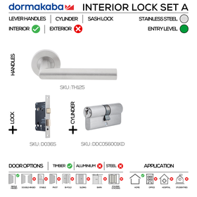 TH125 Complete Interior Lockset A, Lever Handles, Tubular, On Round Rose, With Escutcheons, 137mm (l), Stainless Steel, Sash Lock & Euro Cylinder Set, DORMAKABA