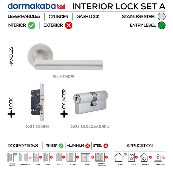 TH125 Complete Interior Lockset A, Lever Handles, Tubular, On Round Rose, With Escutcheons, 137mm (l), Stainless Steel, Sash Lock & Euro Cylinder Set, DORMAKABA