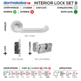 TH120 Complete Interior Lockset B, Lever Handles, Tubular, On Round Rose, With Escutcheons, 137mm (l), Stainless Steel, Sash Lock & Knob Cylinder Set, DORMAKABA