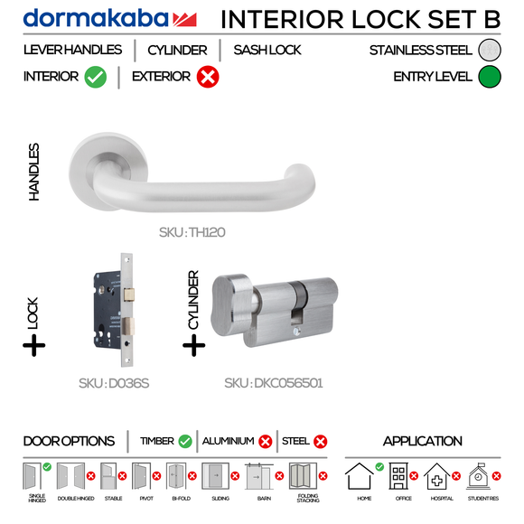 TH120 Complete Interior Lockset B, Lever Handles, Tubular, On Round Rose, With Escutcheons, 137mm (l), Stainless Steel, Sash Lock & Knob Cylinder Set, DORMAKABA