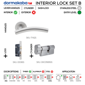 TH121 Complete Interior Lockset B, Lever Handles, Tubular, On Round Rose, With Escutcheons, 137mm (l), Stainless Steel, Sash Lock & Knob Cylinder Set, DORMAKABA