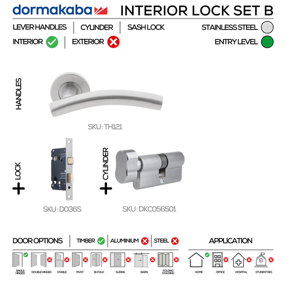 TH121 Complete Interior Lockset B, Lever Handles, Tubular, On Round Rose, With Escutcheons, 137mm (l), Stainless Steel, Sash Lock & Knob Cylinder Set, DORMAKABA