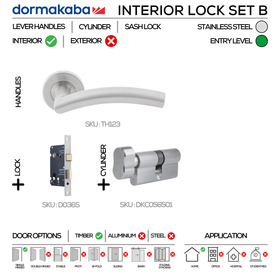 TH123 Complete Interior Lockset B, Lever Handles, Tubular, On Round Rose, With Escutcheons, 137mm (l), Stainless Steel, Sash Lock & Knob Cylinder Set, DORMAKABA