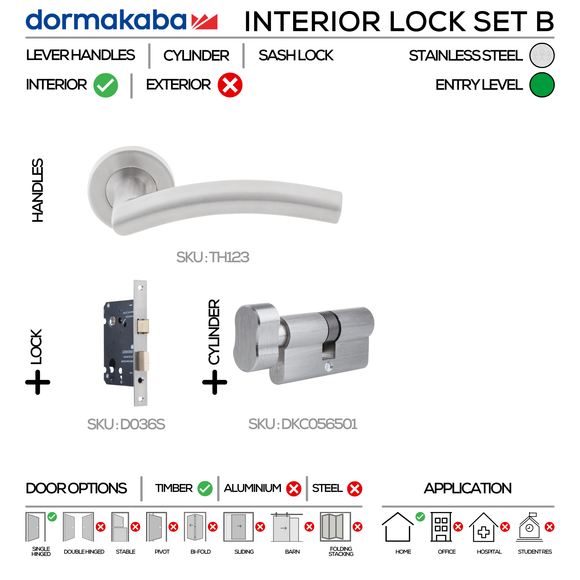 TH123 Complete Interior Lockset B, Lever Handles, Tubular, On Round Rose, With Escutcheons, 137mm (l), Stainless Steel, Sash Lock & Knob Cylinder Set, DORMAKABA