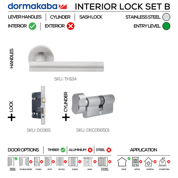 TH124 Complete Interior Lockset B, Lever Handles, Tubular, On Round Rose, With Escutcheons, 137mm (l), Stainless Steel, Sash Lock & Knob Cylinder Set, DORMAKABA