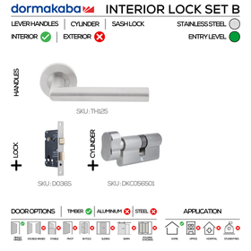 TH125 Complete Interior Lockset B, Lever Handles, Tubular, On Round Rose, With Escutcheons, 137mm (l), Stainless Steel, Sash Lock & Knob Cylinder Set, DORMAKABA