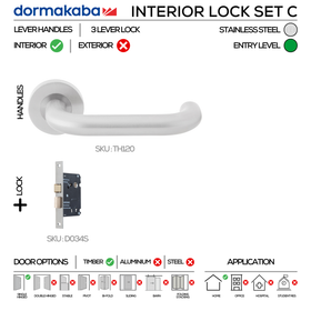TH120 Complete Interior Lockset C, Lever Handles, Tubular, On Round Rose, With Escutcheons, 137mm (l), Stainless Steel, 3 Lever Sash Lock, DORMAKABA