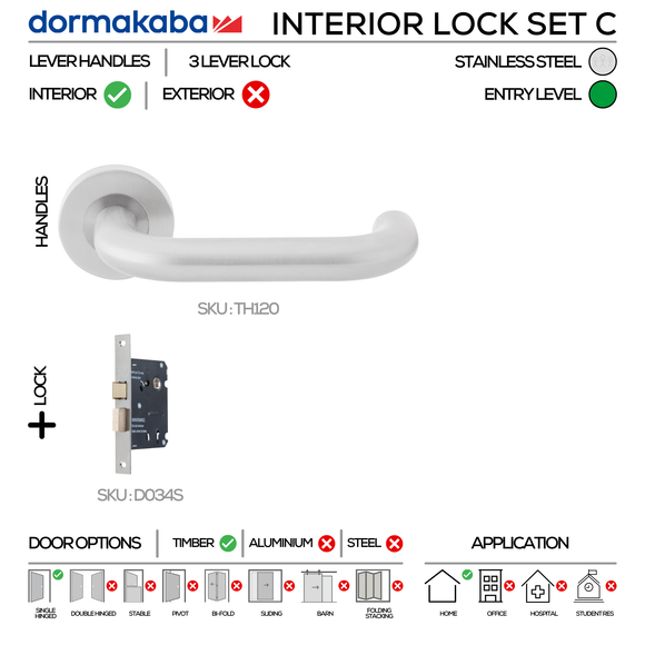 TH120 Complete Interior Lockset C, Lever Handles, Tubular, On Round Rose, With Escutcheons, 137mm (l), Stainless Steel, 3 Lever Sash Lock, DORMAKABA