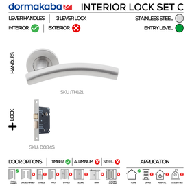 TH121 Complete Interior Lockset C, Lever Handles, Tubular, On Round Rose, With Escutcheons, 137mm (l), Stainless Steel, 3 Lever Sash Lock, DORMAKABA