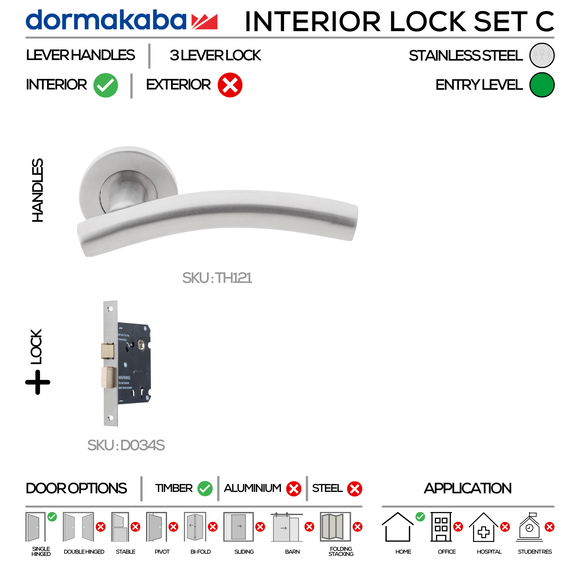 TH121 Complete Interior Lockset C, Lever Handles, Tubular, On Round Rose, With Escutcheons, 137mm (l), Stainless Steel, 3 Lever Sash Lock, DORMAKABA