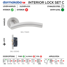 TH123 Complete Interior Lockset C, Lever Handles, Tubular, On Round Rose, With Escutcheons, 137mm (l), Stainless Steel, 3 Lever Sash Lock, DORMAKABA