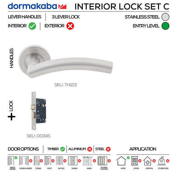 TH123 Complete Interior Lockset C, Lever Handles, Tubular, On Round Rose, With Escutcheons, 137mm (l), Stainless Steel, 3 Lever Sash Lock, DORMAKABA