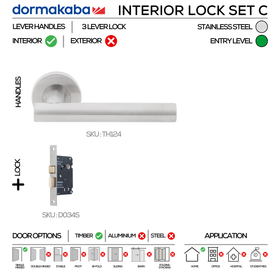 TH124 Complete Interior Lockset C, Lever Handles, Tubular, On Round Rose, With Escutcheons, 137mm (l), Stainless Steel, 3 Lever Sash Lock, DORMAKABA