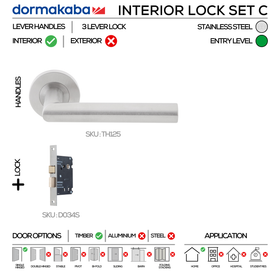 TH125 Complete Interior Lockset C, Lever Handles, Tubular, On Round Rose, With Escutcheons, 137mm (l), Stainless Steel, 3 Lever Sash Lock, DORMAKABA