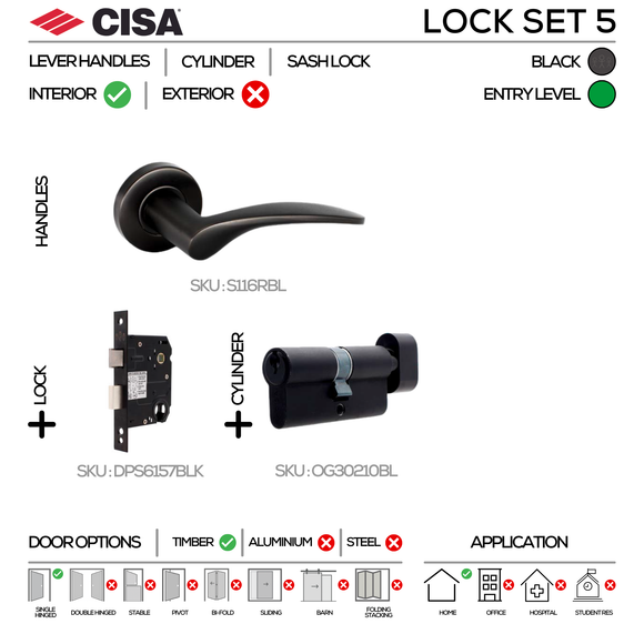 S116 KNOB Complete Lockset 5, Lever Handles, Hollow, On Round Rose, With Escutcheons, 137mm (l), Black, Sash Lock & Knob Cylinder Set, CISA