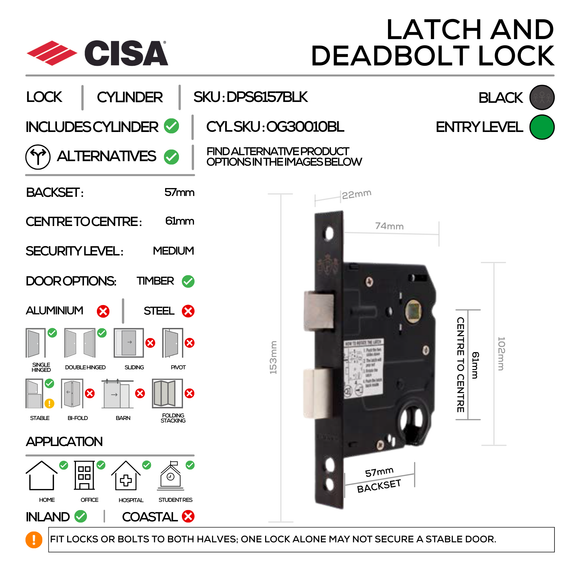 S116 Complete Lockset 2, Lever Handles, Hollow, On Round Rose, With Escutcheons, 137mm (l), Black, Cylinder Sash Lock & Euro Cylinder Set, CISA