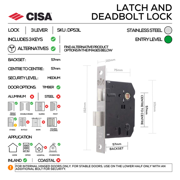 FT08 KEY Complete Lockset 7SS, Lever Handles, Tubular, On Round Rose, With Escutcheons, 137mm (l), Stainless Steel, 3L Sash Lock Set, CISA