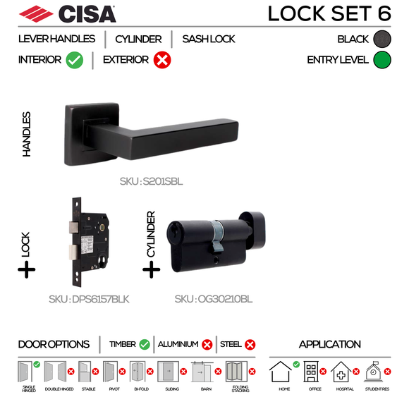 S201 KNOB Complete Lockset 6, Lever Handles, Hollow, On Square Rose, With Escutcheons, 137mm (l), Black, Sash Lock & Knob Cylinder Set, CISA