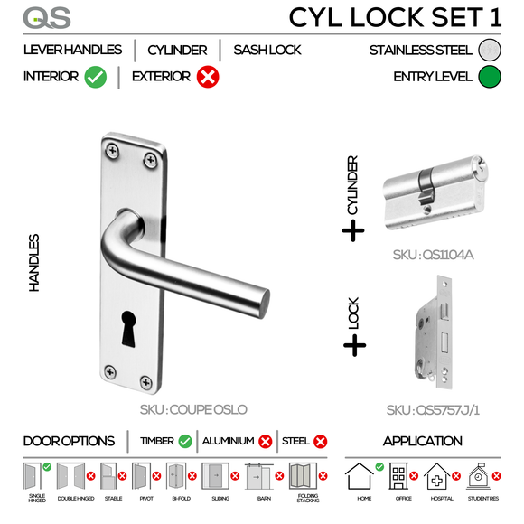 Coupe  Oslo Cylinder lockset, Lever Handle, Coupé, On Plate, With QS5757J/1 and QS1104A Cyl Lock, Stainless Steel, QS