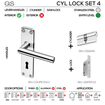 Main product view of QS Stainless Steel Cylinder Lock, made for patio and sliding doors with tough stainless shine.