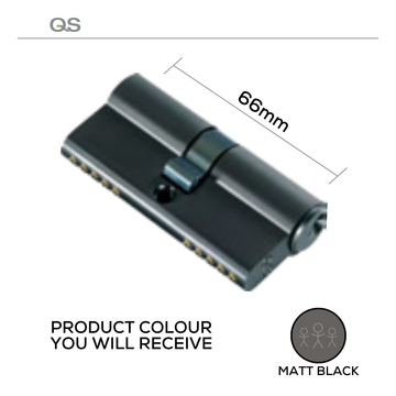 Main product view of QS Matt Black Cylinder Lock, made for doors with dark, sleek, and ready to stand out, 66mm.