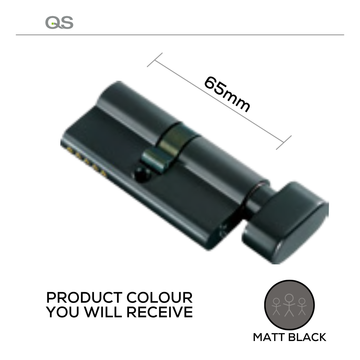 QS Matt Black Cylinder Lock shown in main product view, giving doors sharp modern attitude, 65mm.