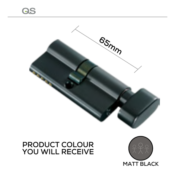 QS Matt Black Cylinder Lock shown in main product view, giving doors sharp modern attitude, 65mm.