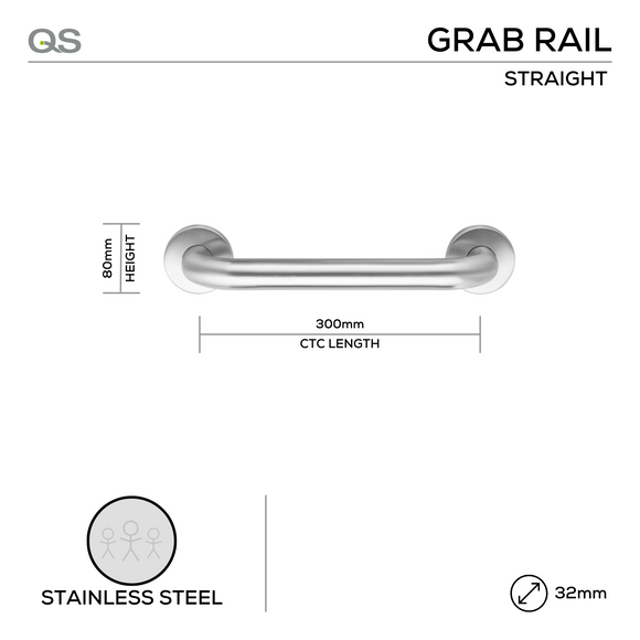 QS1601 STRAIGHT, Grab Rail, 80mm (l), 32mm, 300, Satin Stainless Steel, QS