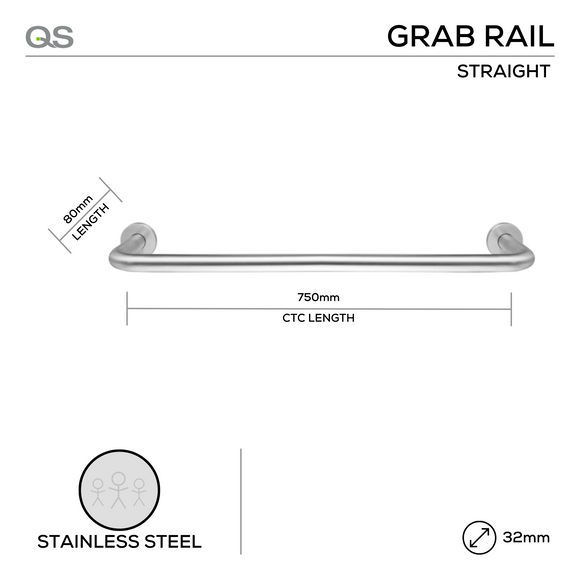 QS1602 STRAIGHT, Grab Rail, 80mm (l), 32mm, 750, Satin Stainless Steel, QS