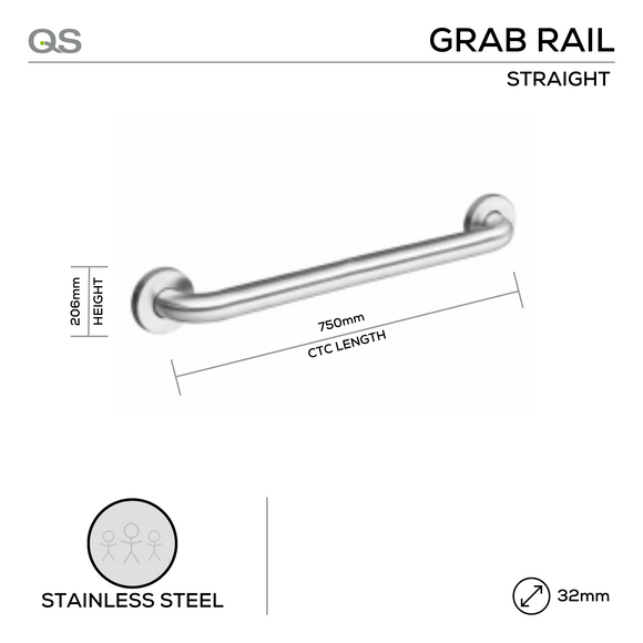 QS1603 STRAIGHT, Grab Rail, 206mm (l), 32mm, 750, Satin Stainless Steel, QS