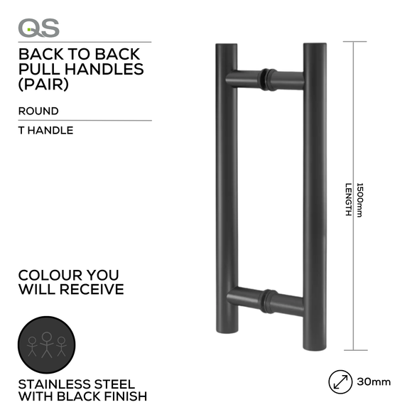 Main product view showing QS Matt Black Pull Handle — dark, sleek, and ready to stand out for doors, 30mm (Ø) x 1500mm (l).