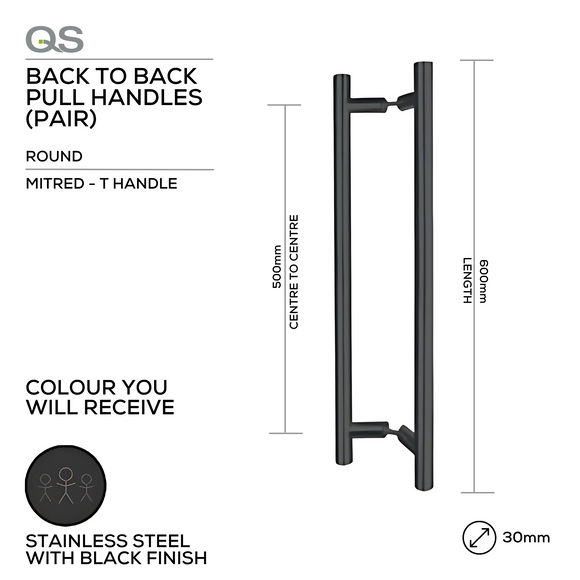 QS Matt Black Pull Handle for doors, main product view with bold black energy, 30mm (Ø) x 600mm (l).