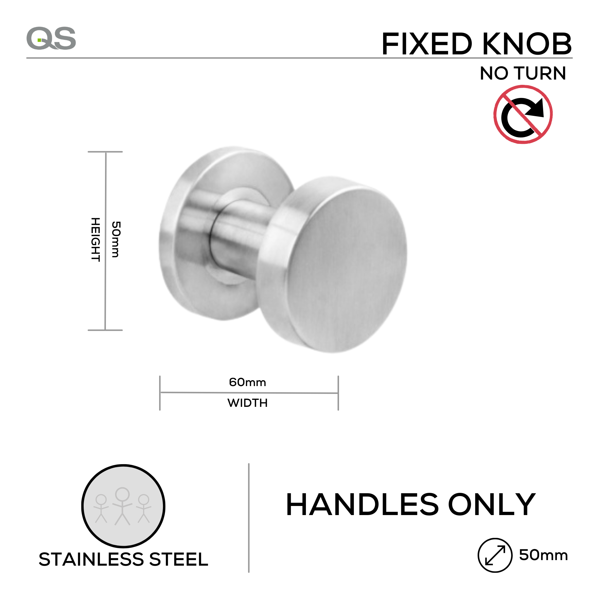 QS3805, Knob Handle, Fixed Round Flat, Stainless Steel, QS